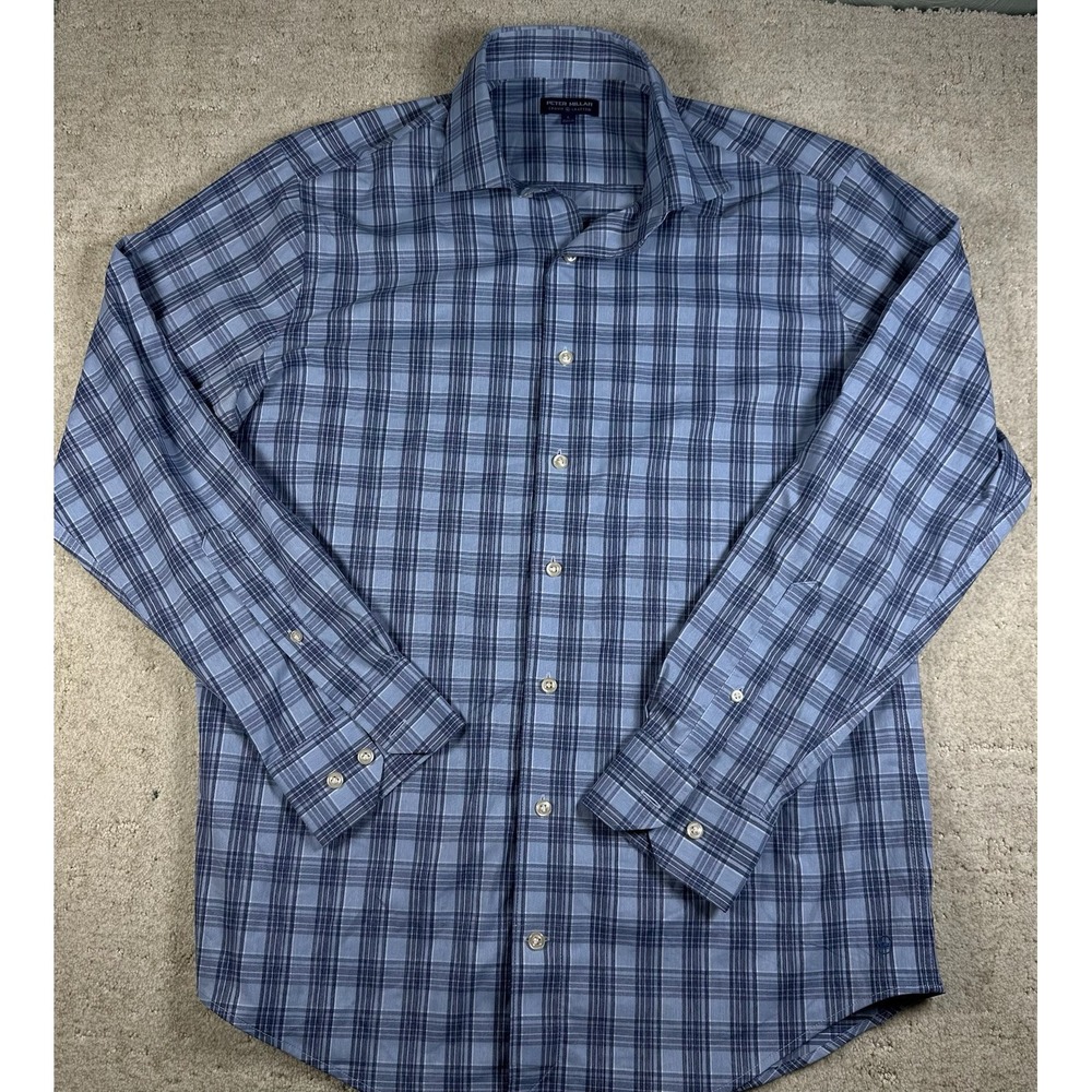 Peter Millar Crown Crafted Men's Button Down Dress Shirt Blue Plaid Sz Large